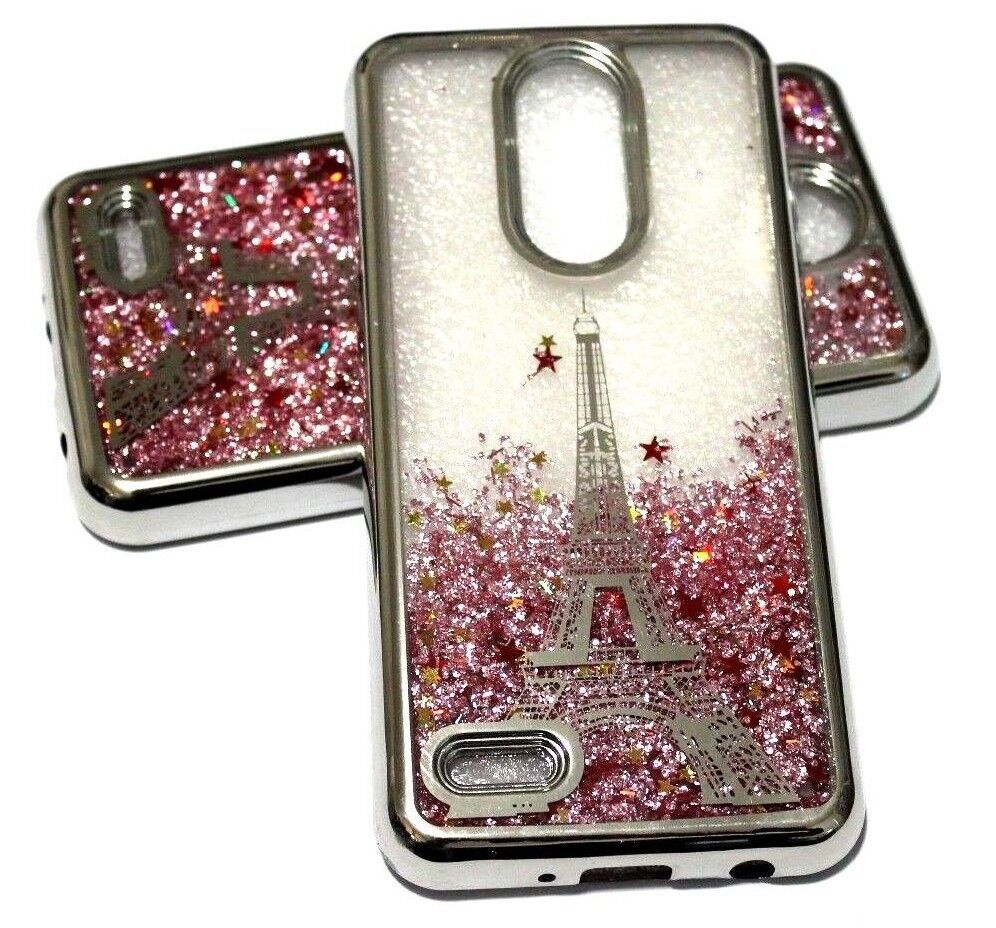 For LG Aristo 2 X210 /K8 2018 Silver Paris Eiffel Tower Pink Glitter Liquid Case - $16.41