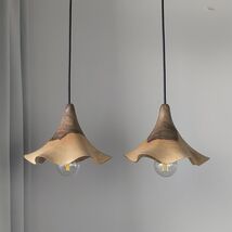 Set of 2 Natural Wood Pendant Light: Wavy Edge Chandelier, Rustic Kitche... - $230.00