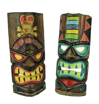 12 inch Tall Hand Crafted Wooden Tiki Totem Wall Mask Set of 2 - £31.65 GBP