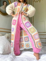 Bohemia Vintage Colored Plaid Flower Granny Square Hand Crochet Long Car... - $79.00