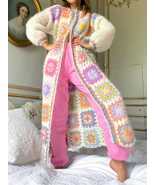 Bohemia Vintage Colored Plaid Flower Granny Square Hand Crochet Long Car... - £63.35 GBP