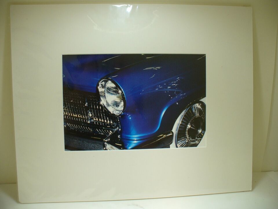 MATTED PHOTOGRAPHY Blue Classic Car Chrome Bumper Whitewall Tires 1950s ... - $25.49