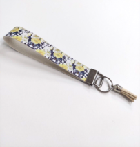 Wristlet Key Fob Keychain Faux Leather Yellow Floral Roses with Tassel New - £6.14 GBP