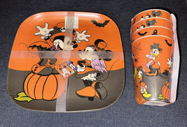 Disney Mickey Minnie Mouse Halloween Bamboo 4 Dinner Plates &amp; Cups Tumbl... - £38.67 GBP