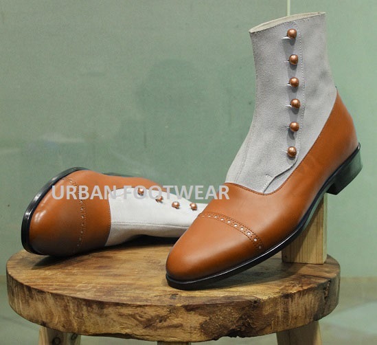 New Mens Handmade Stylish Formal Boot, White Suede & Brown Leather Casual