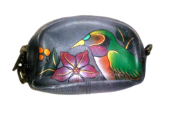 Anuschka Coin Key Purse Bird Flowers Hand Painted Black Leather Lined Signed - £18.96 GBP