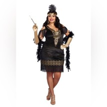 Flapper Halloween Gatsby Costume 1920 Women’s 2X Sexy Swanky Black Gold Fringe - £49.82 GBP