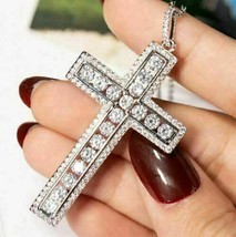 2 CT Diamonds Cross Pendant Necklace 14K White Gold Finish With Free Chain - £138.45 GBP