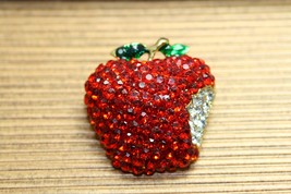 Red Apple Green Apple Bite Rhinestone Crystal Statement Pin Brooch Genuine Shiny - $18.79
