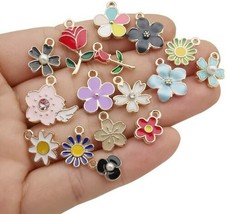 10 Enamel Gold Charms Mixed Pendants Findings Flower Floral Set Assorted... - $5.22