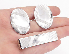 ANSON 925 Sterling Silver - Shiny Etched Detail Cufflinks &amp; Tie Clip Set- TR1236 - £77.70 GBP