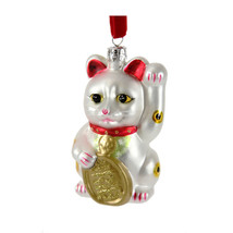 Lucky Cat Ornament 4.5&quot; Glass Christmas Cute White Maneki Neko Beckoning Kitty - £15.14 GBP