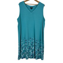 J Jill Wearever Dress 2X Blue Green Floral Pullover Above Knee Sleeveless V-Neck - £39.95 GBP