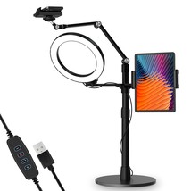 3-In-1 Selfie Desktop Live Stand, Height Adjustable/Overhead, 8&quot; Led Ring Light, - £92.54 GBP