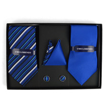 Striped &amp; Solid Tie with Matching Hanky &amp; Cufflinks - Blue - £14.20 GBP