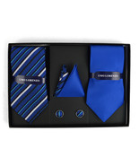Striped &amp; Solid Tie with Matching Hanky &amp; Cufflinks - Blue - £14.00 GBP