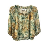 Alfred Dunner Green  Brown Tan Leaf Pattern Top Sz 18 Jeweled Neckline Waistband - £20.83 GBP