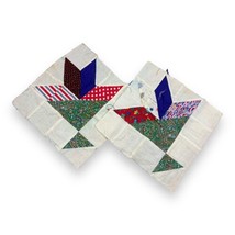 2 Vintage Quilt Block Flower Baskets Multicolor Patchwork Fabric Hand Pieced - £11.24 GBP
