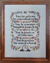 Needlepoint Sampler &quot;Give Me Time&quot; Handmade Vintage Framed Under Glass  - $455.81 MXN