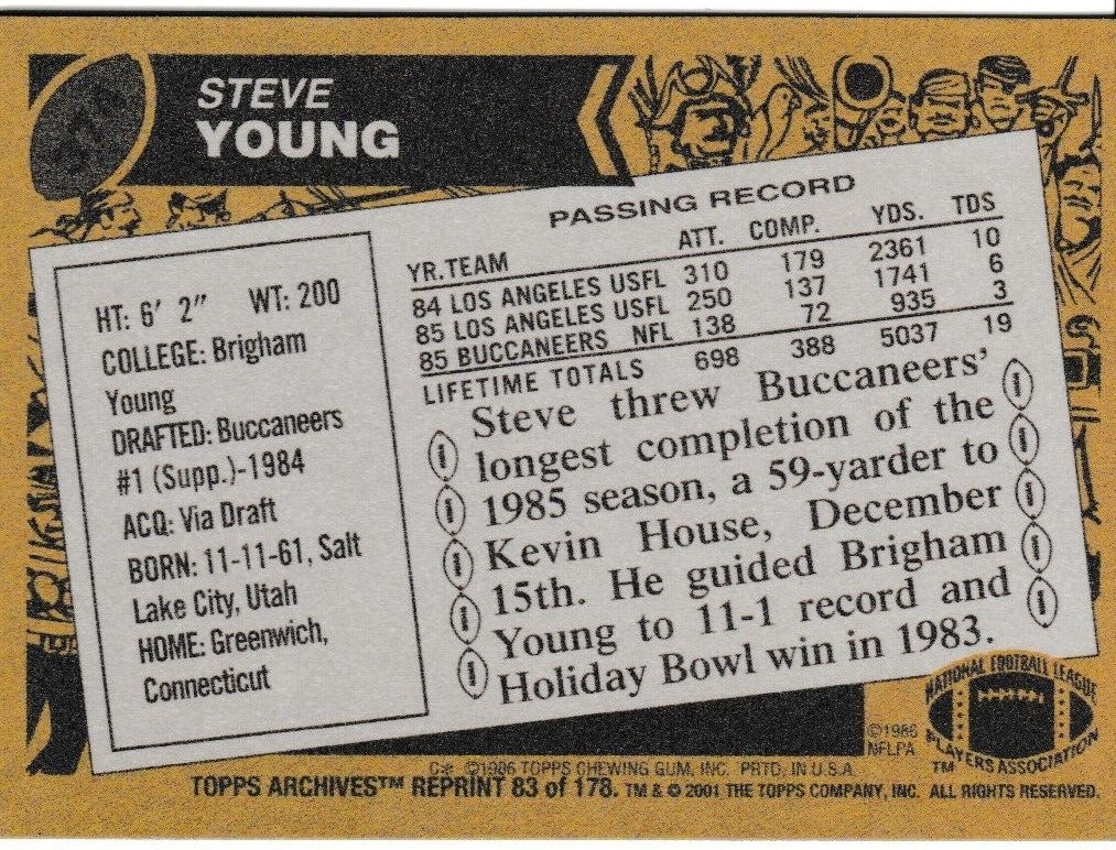 2001 Topps Archives Archives Football Trading Card Steve Young #83 Item image 2