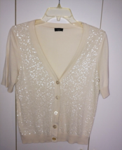 Talbots Ladies Ss Sequinned Front V-NECK Button Thin Ivory SWEATER-GENTLY Worn - £10.51 GBP