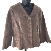 Brown Suede Leather Jacket Ladies Sz Large Round Collar Scalloped Bell Sleeves - £19.37 GBP