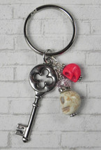 Skeleton Key Skull Crystal Beaded Handmade Keychain Split Key Ring Pink New - $14.84