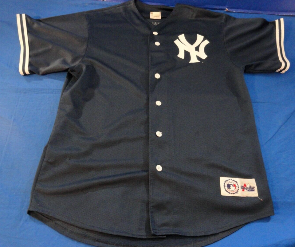 MAJESTIC NEW YORK YANKEES BLUE WHITE VINTAGE BASEBALL MLB JERSEY SHIRT 4... - $24.79