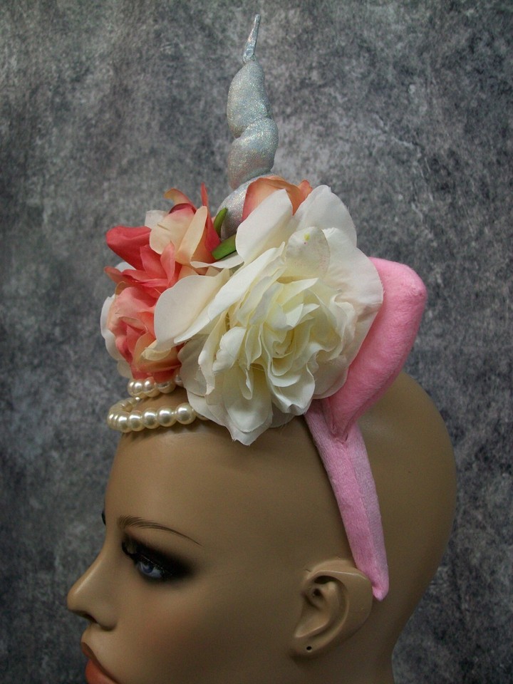 Fancy Unicorn Horn Flower Crown Headband w/ Ears Pearl Strands Fantasy Magical Item image 8