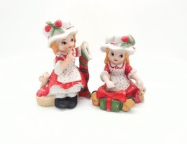 Pair Vintage Pioneer Girls Christmas Figurines Taiwan Bisque Polka Dot Cat Dog - £12.94 GBP