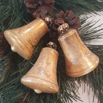 3 Golden Bell Glass Ornaments Vintage Embellished - $17.75