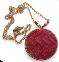 Vintage Lattice Maroon Leather Medallion Pendant Necklace Gold-tone Chain 32&quot; - £21.07 GBP
