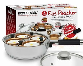 ExcelSteel 4 Cup Non Stick Easy Use Egg Poacher Induction Cooktop, Gold ... - $61.99