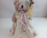 Vintage Jointed Teddy Bear With Lace Floral Dress &amp; Hat On Wooden Stand ... - $19.39