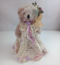 Vintage Jointed Teddy Bear With Lace Floral Dress &amp; Hat On Wooden Stand ... - £15.49 GBP