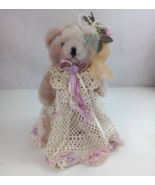 Vintage Jointed Teddy Bear With Lace Floral Dress &amp; Hat On Wooden Stand ... - £15.23 GBP