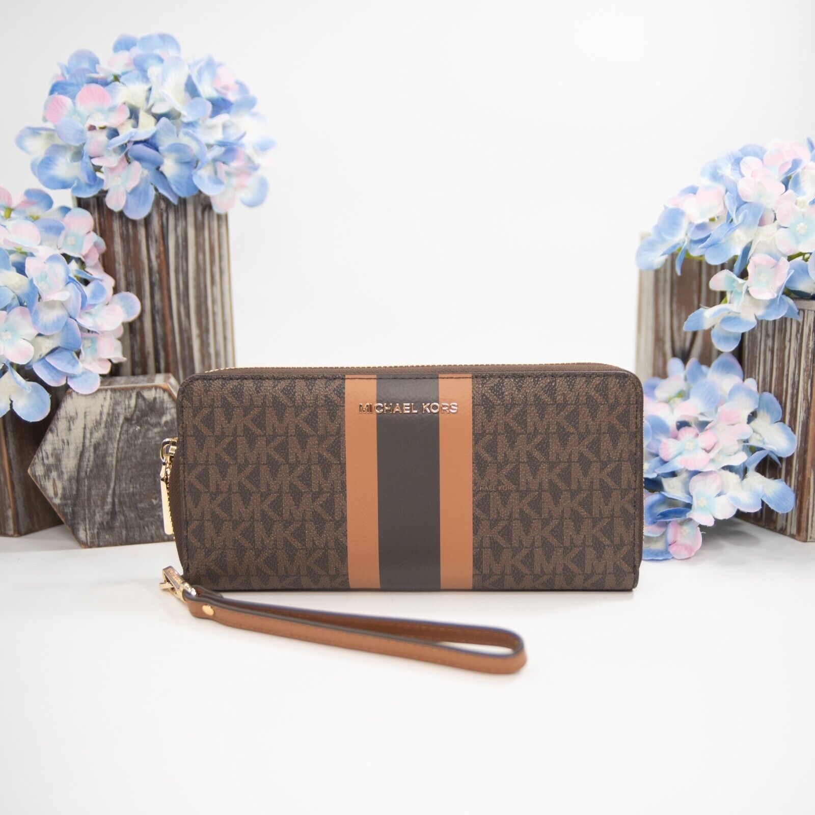 Michael Kors Brown Signature Stripe Acorn Leather Zip Around Travel Wall... - $148.01