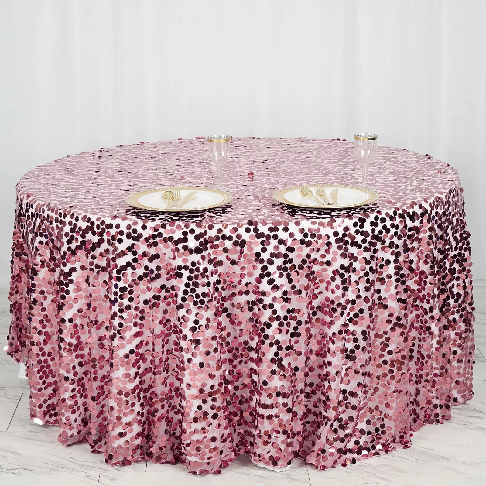 Pink - Polyester - 120&quot; Big Payette Sequin Round Tablecloth Wedding - $119.98