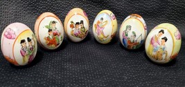 6 Vintage Ceramic Eggs Hand Painted Asian Mother Daughter Family Design 2.5&quot; - £22.46 GBP