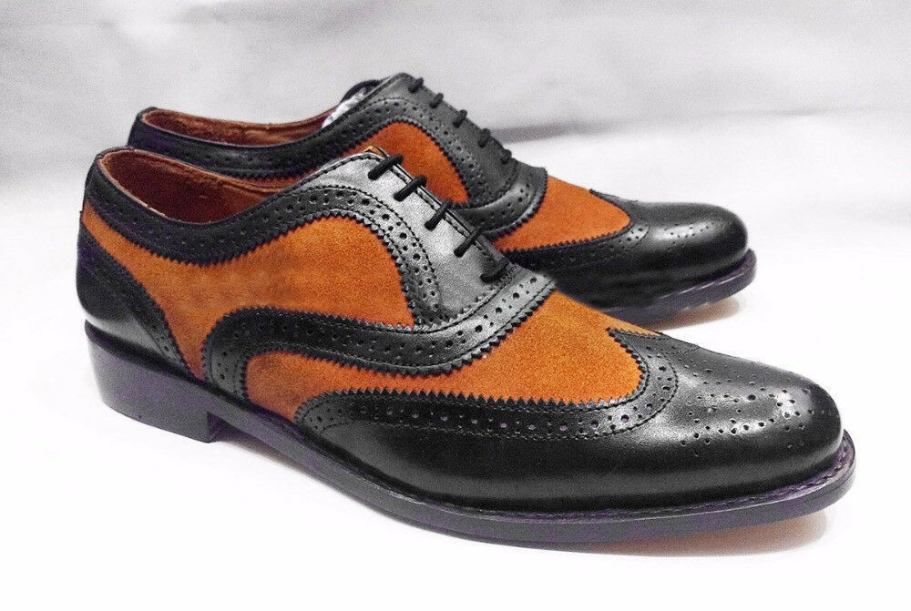 New Oxford Two Tone Black Brogue Toe Wing Tip Brown Suede Real Leather Shoes 201