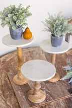 Set of 3 Urban Farmhouse Dining Table Marble Top and Carved Wood Display Stands - £136.40 GBP