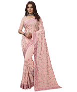 Designer Peach Heavy Resham Embroidery Work Sari Georgette Party Wear Saree - £85.68 GBP