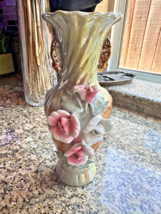 Vintage Green Orange Gold Lusterware Iridescent Bud Vase 3 D Applied Roses - $19.00