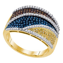 10kt Yellow Gold Womens Round Multicolor Enhanced Diamond Striped Fashion Ring - £786.62 GBP