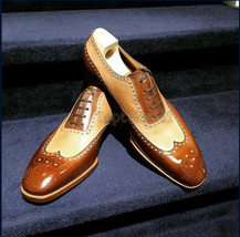 Handmade Men&#39;s Leather Oxfords Beige Brown Stylish Wingtip Office Shoes-659 - £179.28 GBP