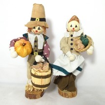 Handmade Scarecrow Couple Thanksgiving Pilgrim Figurines w/ Pumpkin Harvest 7.5&quot; - £31.56 GBP