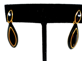 Vintage NAPIER Gold Color &amp; Black Enamel Drop/Dangle PIERCED Earrings signed - £14.83 GBP