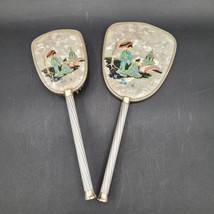 Vintage Dresser Asian &amp; Silver Themed Mother Of Pearl Mirror &amp; Brush Vanity Set - £15.48 GBP