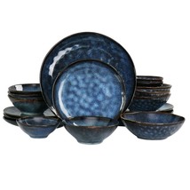Elama Lucca 20 Piece Round Stoneware Triple Bowl Dinnerware Set Reactive... - £76.74 GBP