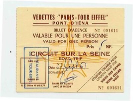 1961 Vedettes Paris Tour Eiffel Circuit Sur La Seine Used Ticket  - $11.88